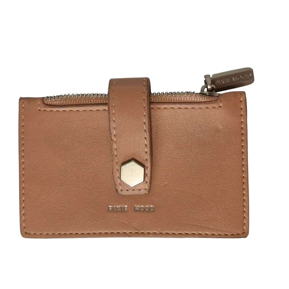 Pixie Mood Tan Vegan Leather Card Holder Wallet Accordion Zip Pocket Brown